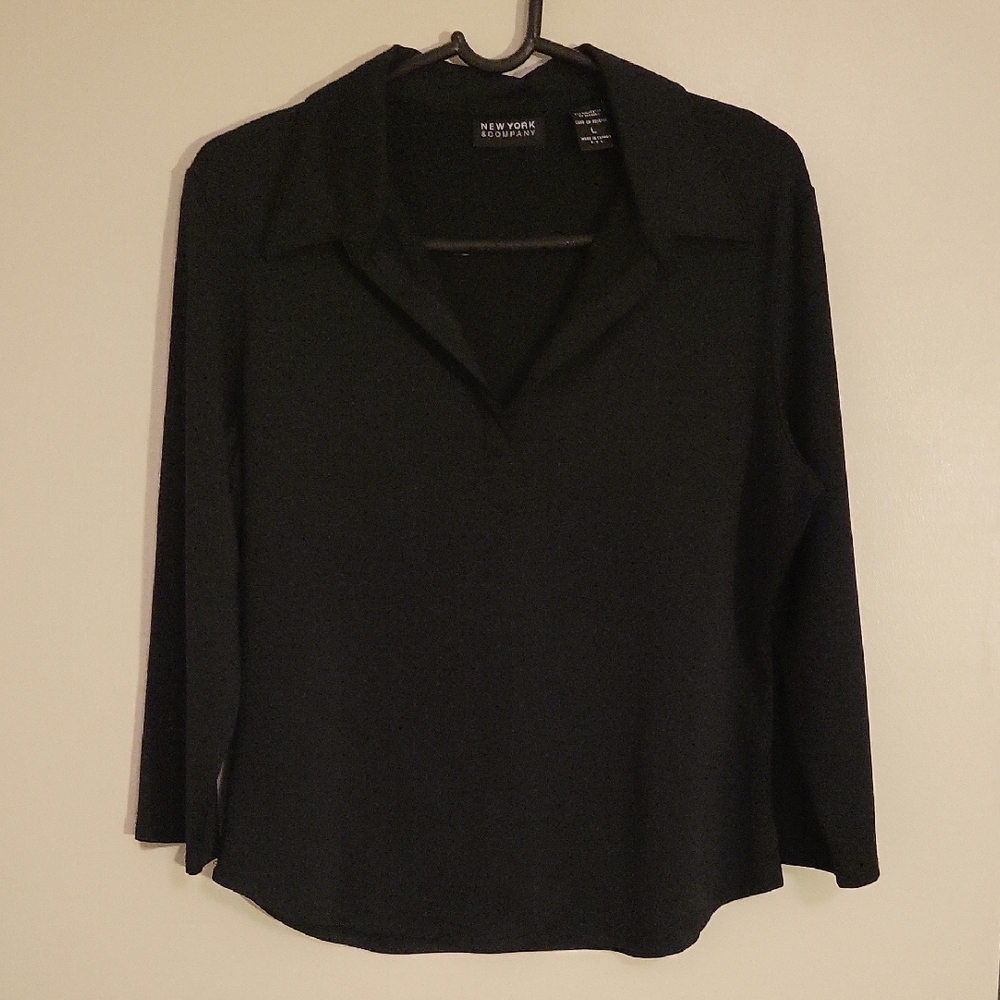 New York & Company Black Button Down Shirt with Notched Collar